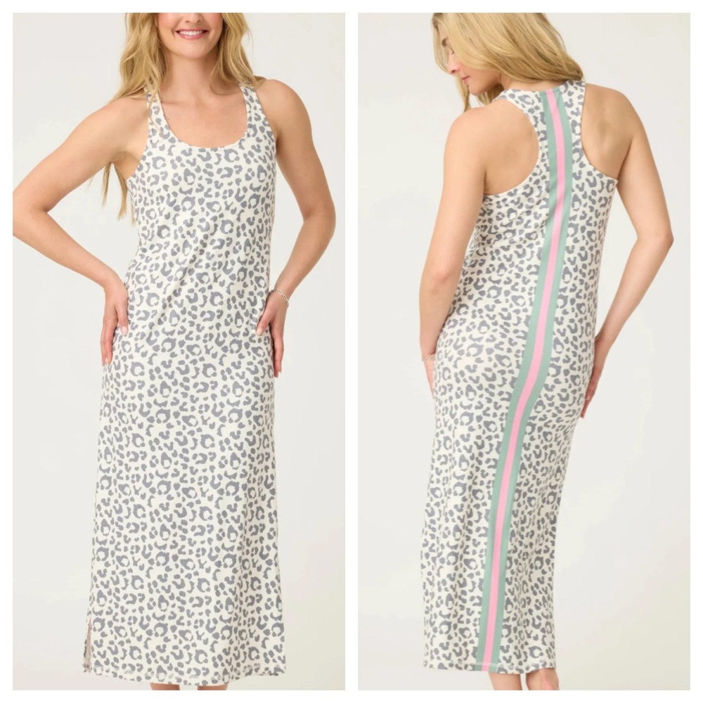 PJ Salvage Life in Leopard Racerback Maxi Dress Ivory Grey Pink Stripe RULID M